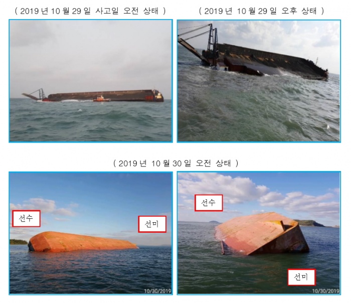 ▲ 본지가 확보한, 사고조사 보고서. 10월 29일 배가 완전히 전복돼 있고, 바지선에 가득 실려 있던 6,690톤의 석탄재 폐기물이 전량 유실된 것으로 보인다.