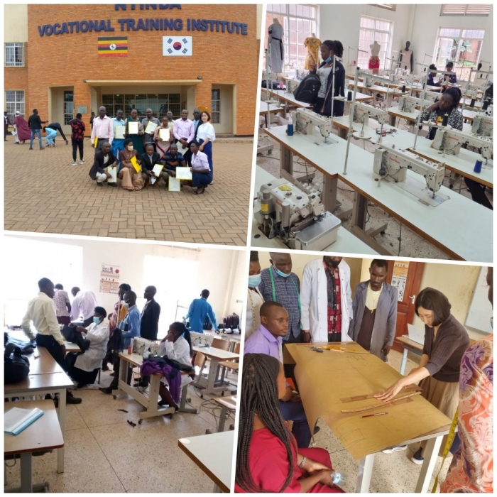 은틴다직업훈련소 교육생들, 재봉 교육실, 교육 장면, 패션 강사인 교육생들,  (좌위부터 시계방향)